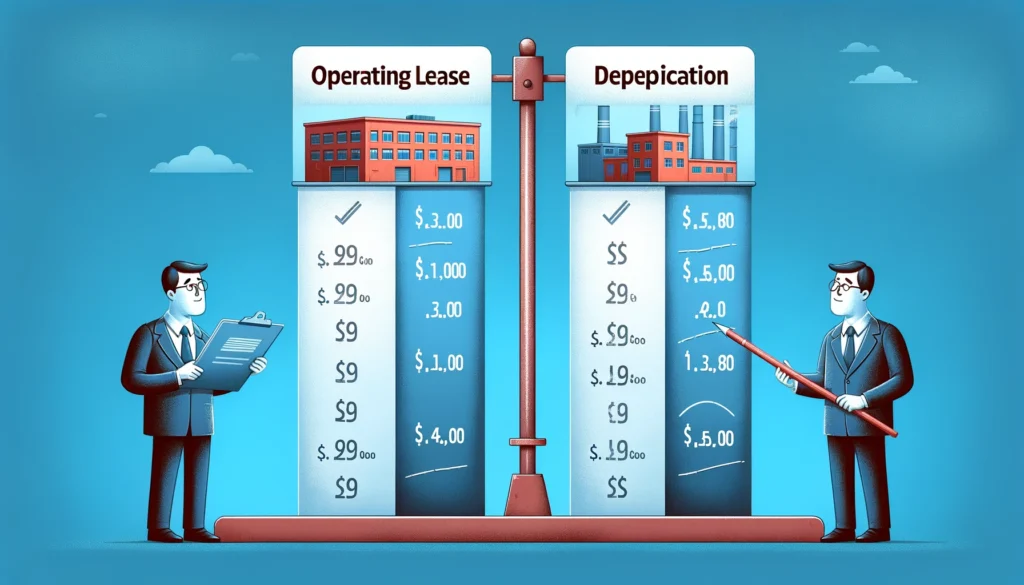 「オペレーティングリース」と「減価償却」と書かれた2つの列が比較されているイラスト。